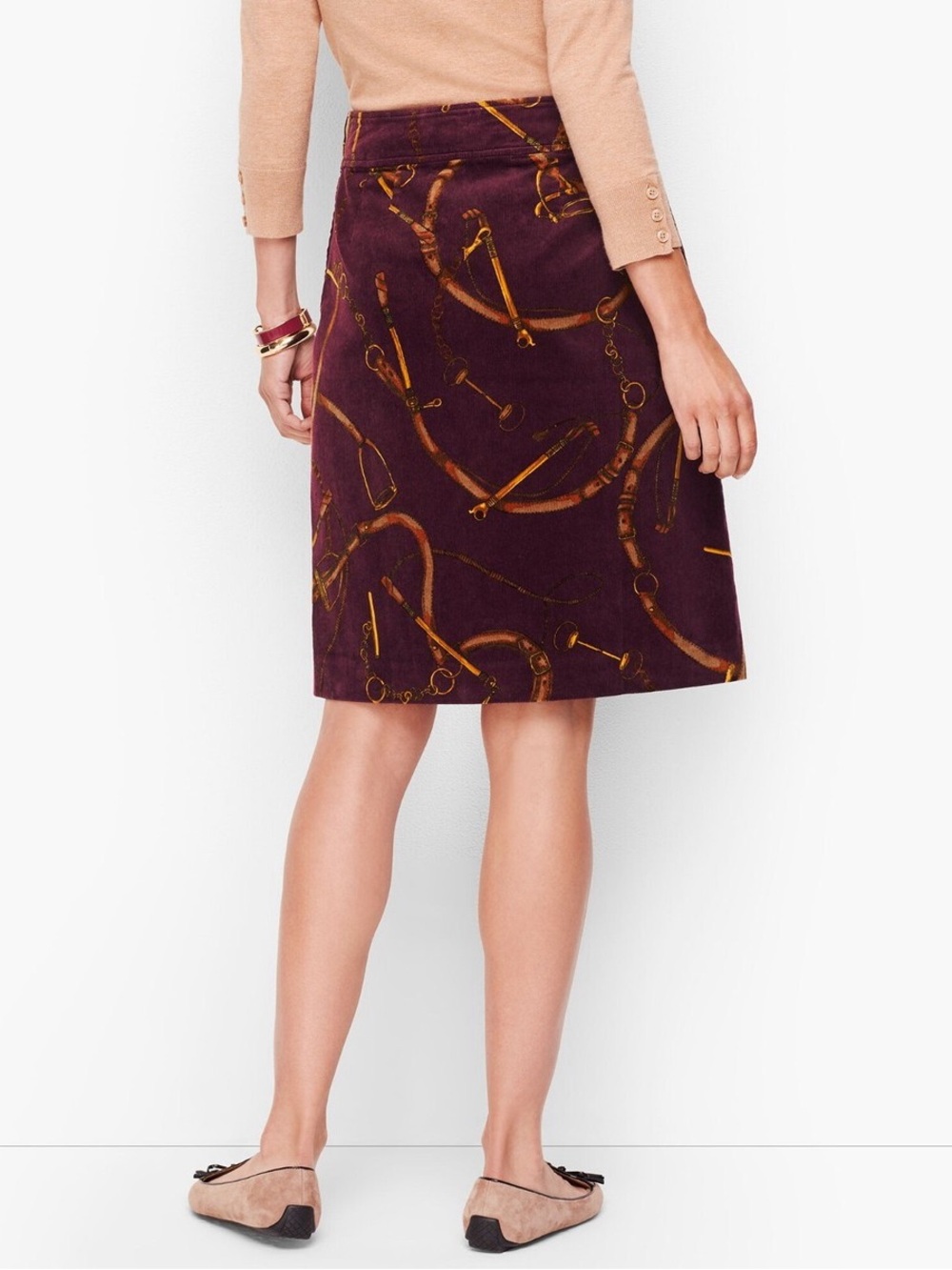 Talbots Dark Plum Purple Equestrian Bridle and Bit Pattern Corduroy Skirt NWT 10 - Picture 2 of 7